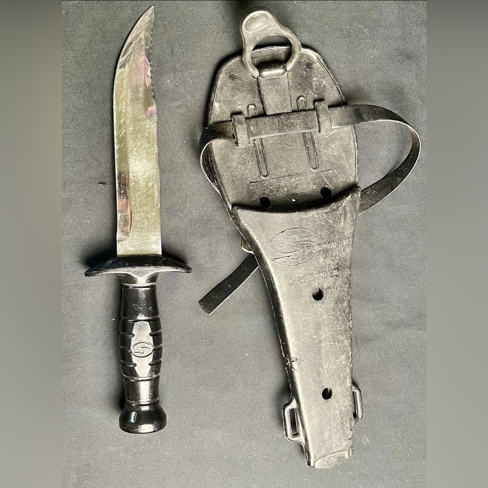 Vintage Sportsways Scuba Diver Knife & Sheath USA Partial Serrated Dive Blade